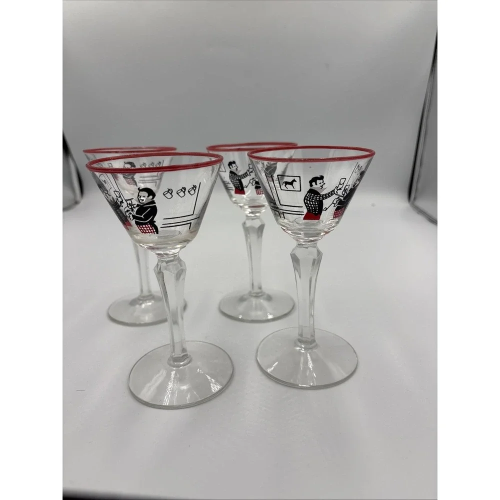 MCM Liquor Cocktail Glasses Martini Vtg Set 4 Dickens Merrymakers Libby
